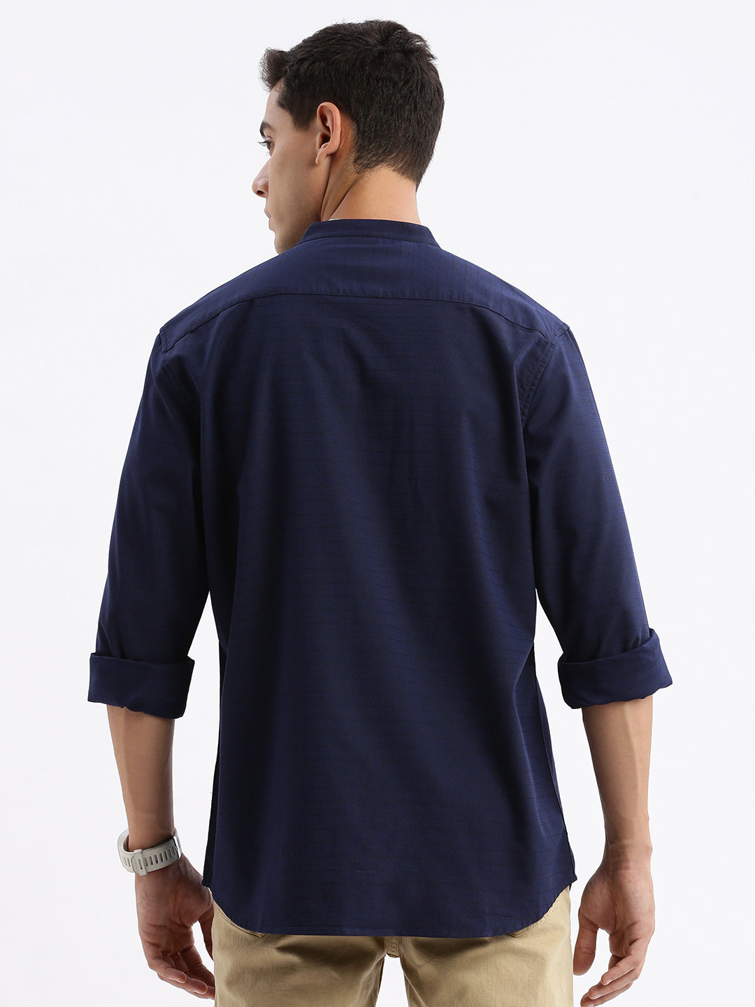 Men Mandarin Collar Solid Slim Fit Navy Blue Shirt