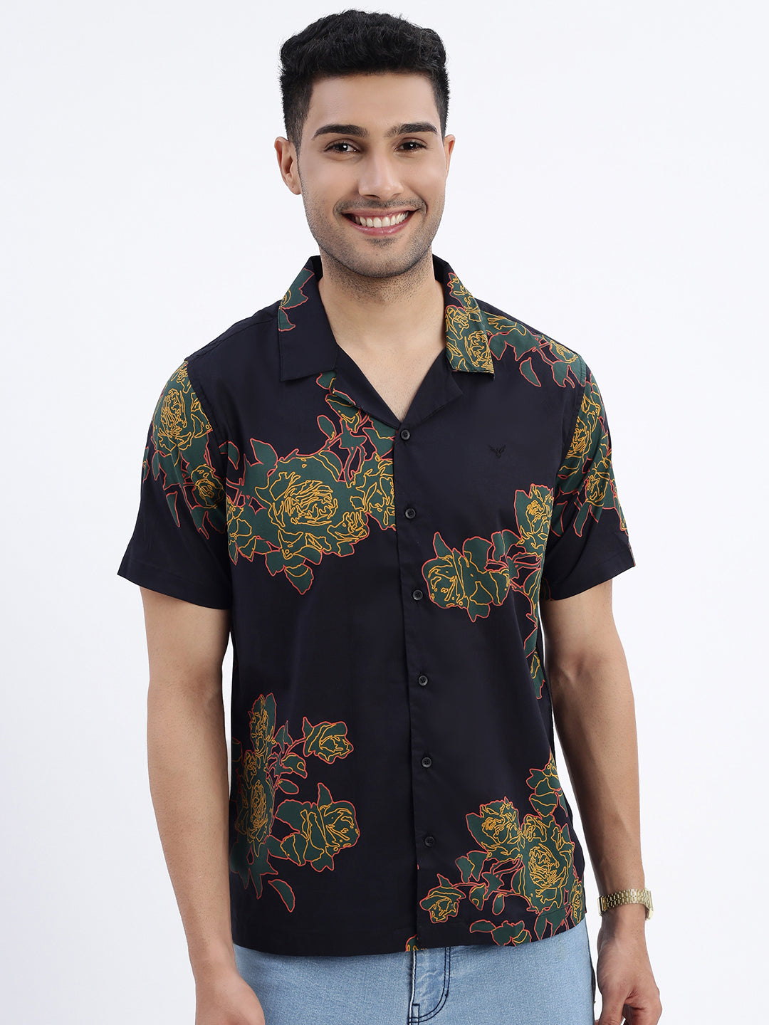 Men Black Floral Slim Fit Shirt