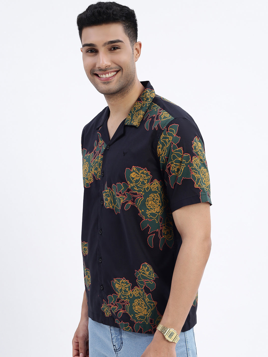 Men Black Floral Slim Fit Shirt