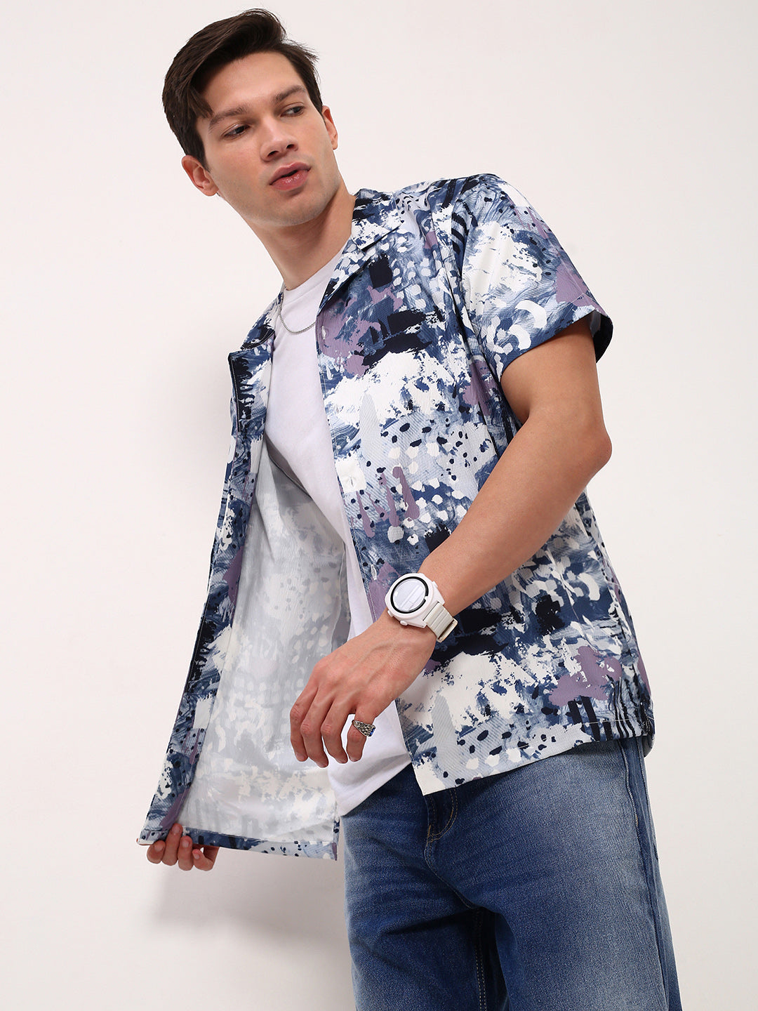 Men Blue Abstract Cuban Collar Shirt