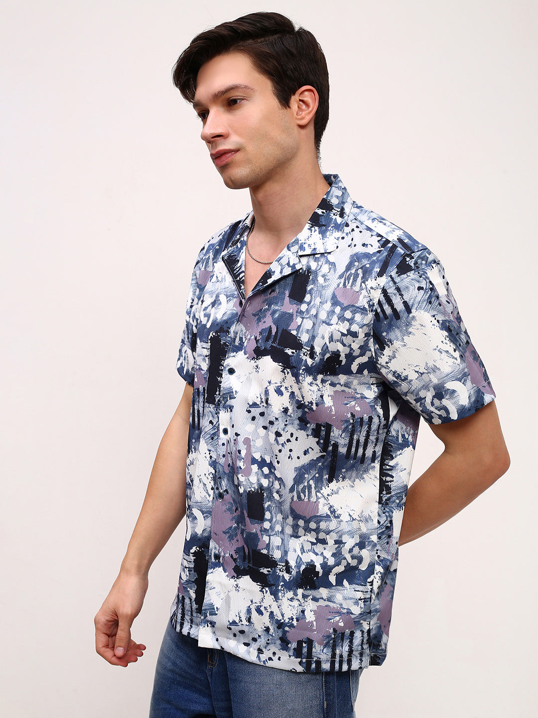 Men Blue Abstract Cuban Collar Shirt