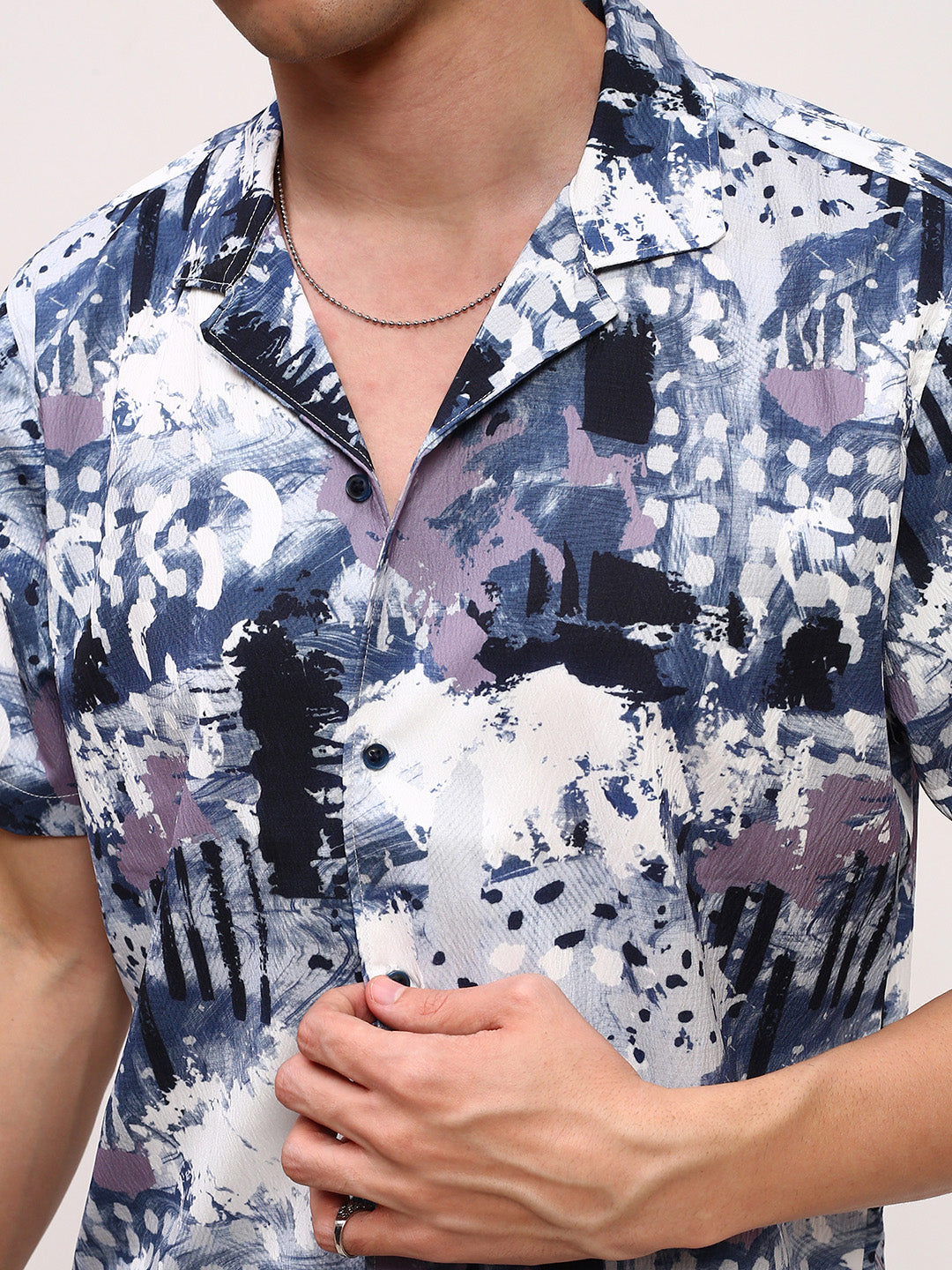 Men Blue Abstract Cuban Collar Shirt