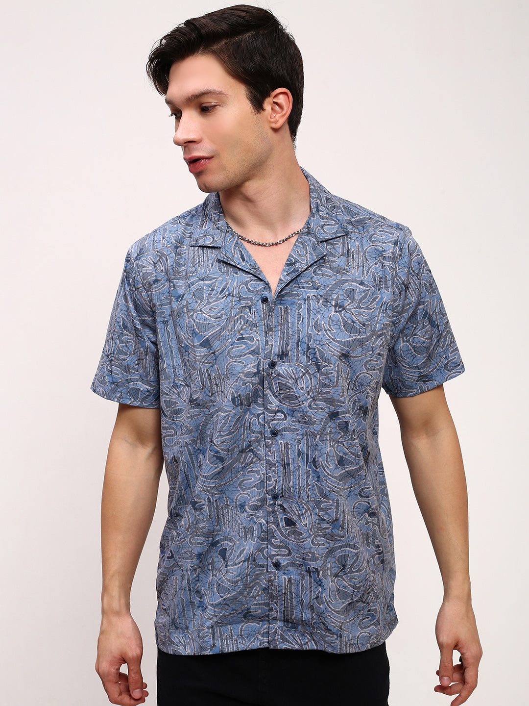 Men Blue Floral Cuban Collar Shirt