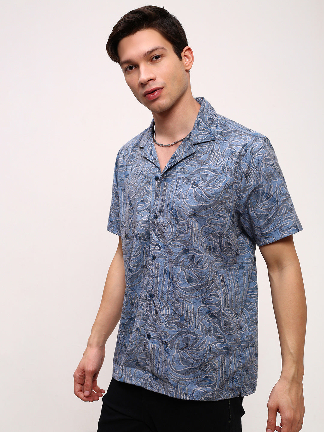 Men Blue Floral Cuban Collar Shirt