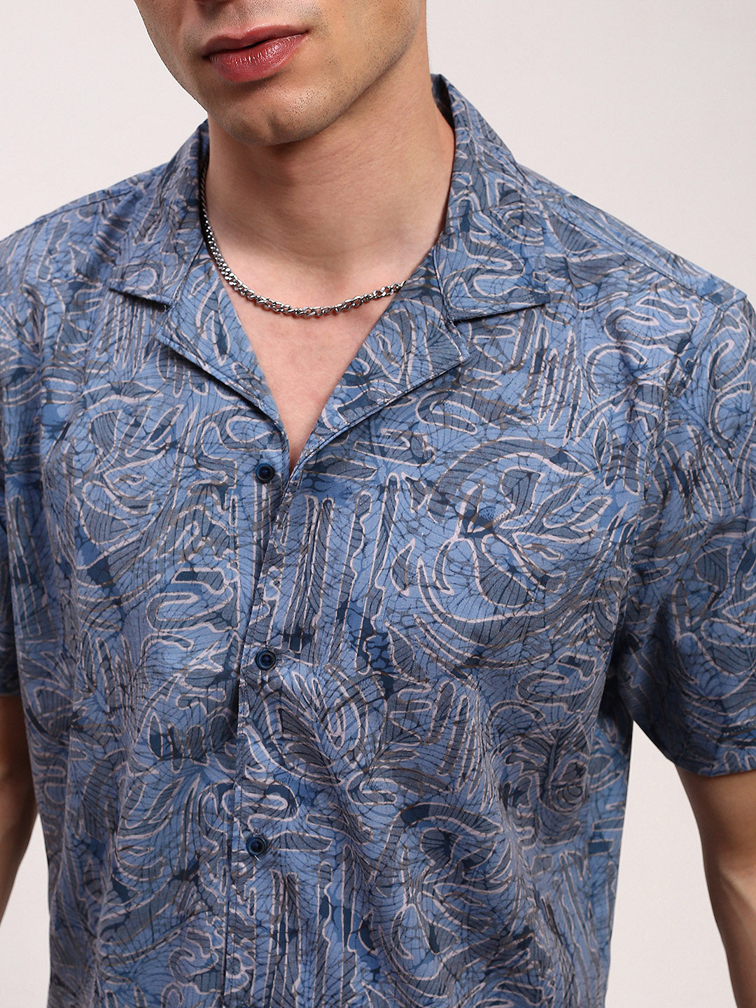 Men Blue Floral Cuban Collar Shirt