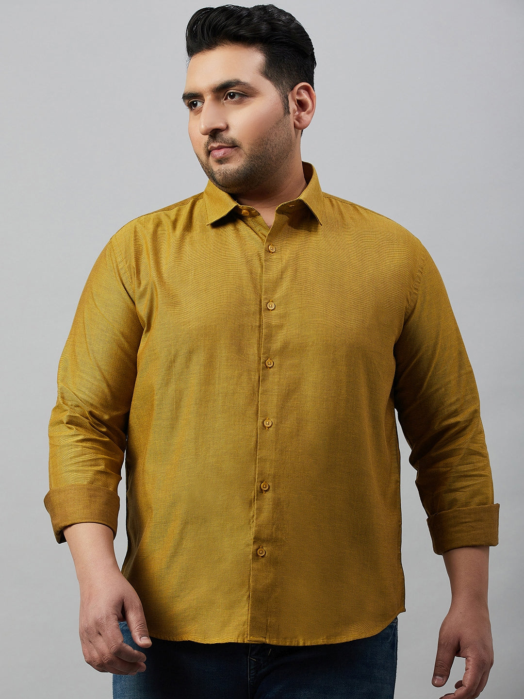 Men Self Design Yellow Smart Shirt