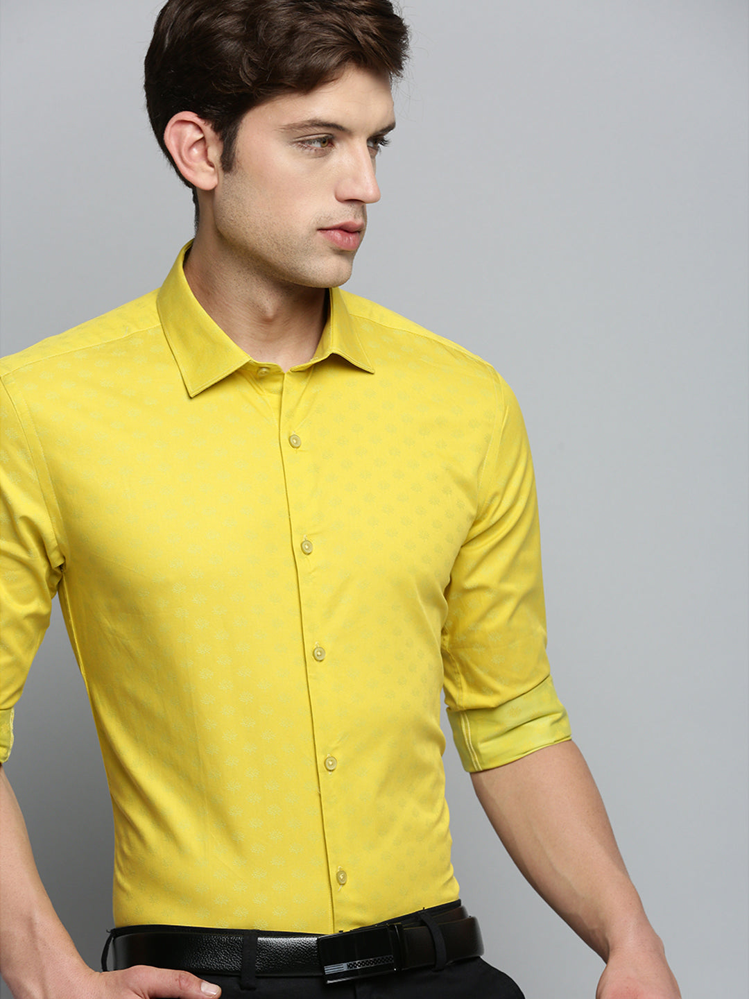 Men Spread Collar Self Design Yellow Shirt