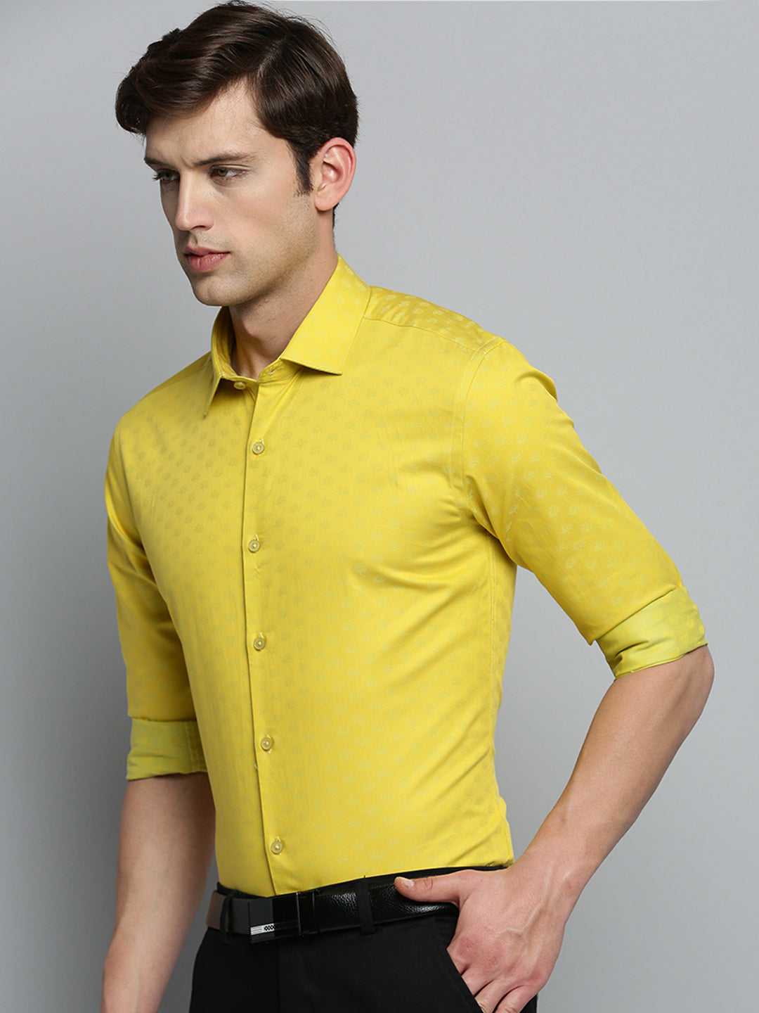 Men Spread Collar Self Design Yellow Shirt