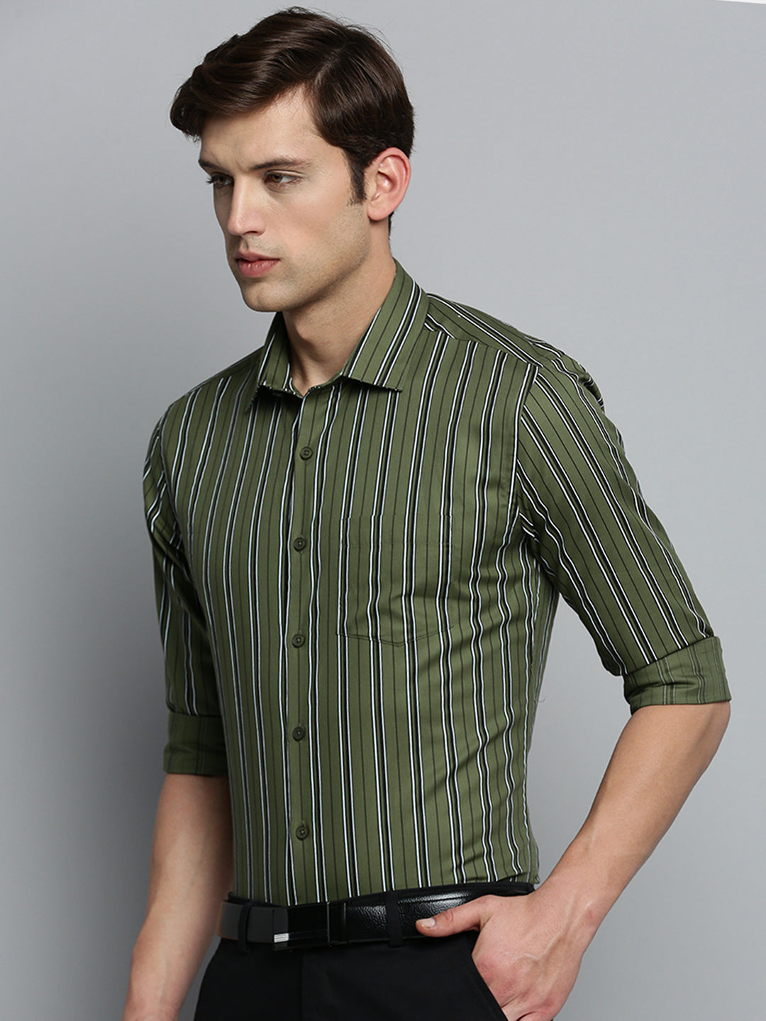 Men Spread Collar Striped Olive Shirt