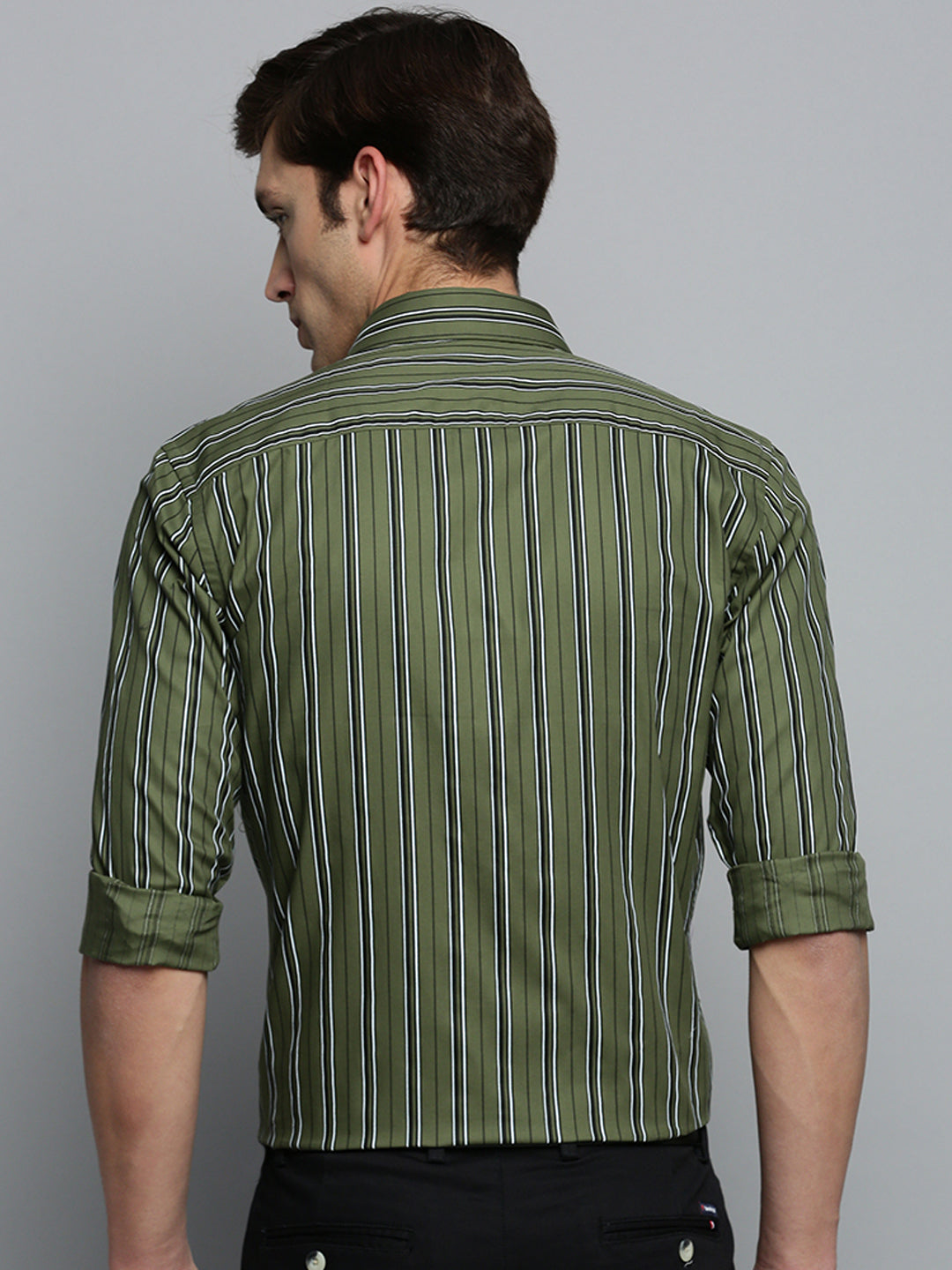 Men Spread Collar Striped Olive Shirt