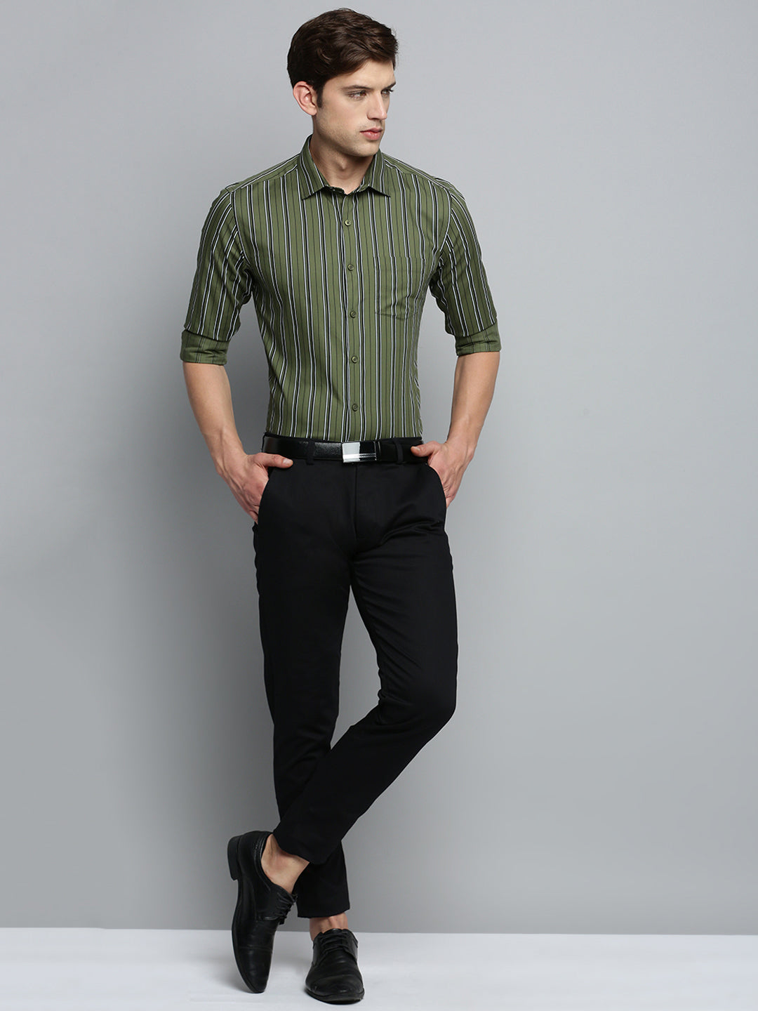 Men Spread Collar Striped Olive Shirt