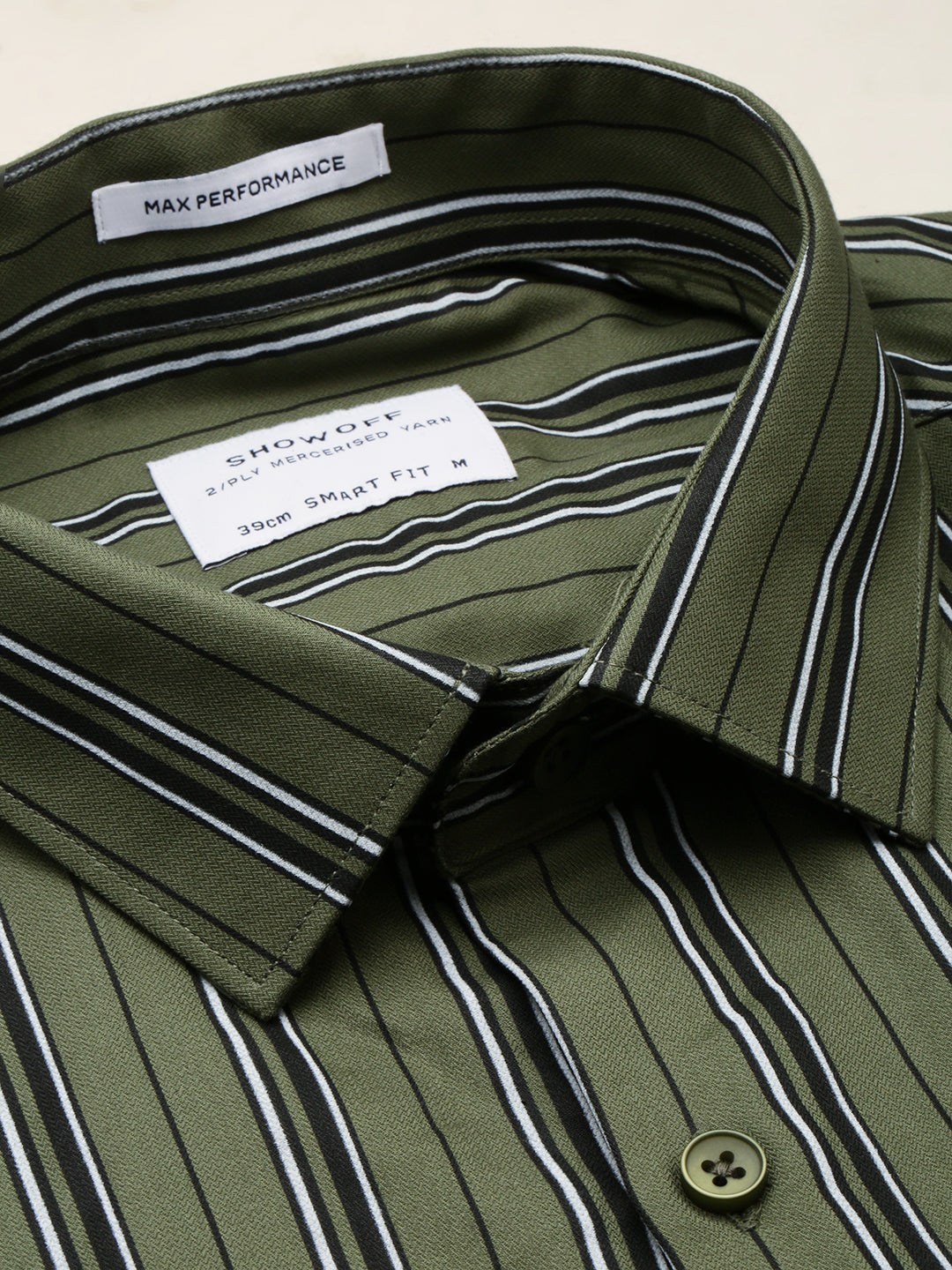 Men Spread Collar Striped Olive Shirt