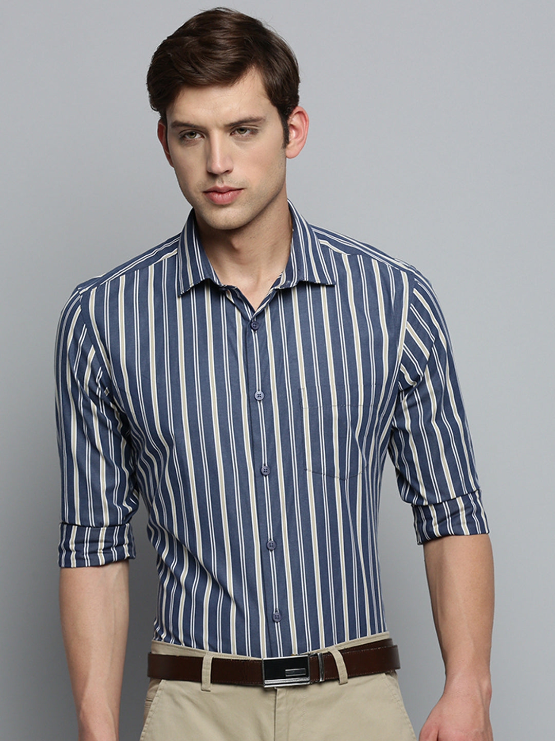 Men Spread Collar Striped Navy Blue Shirt