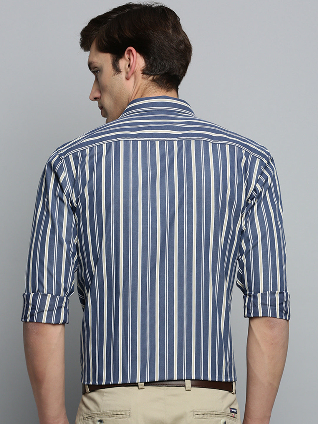 Men Spread Collar Striped Navy Blue Shirt