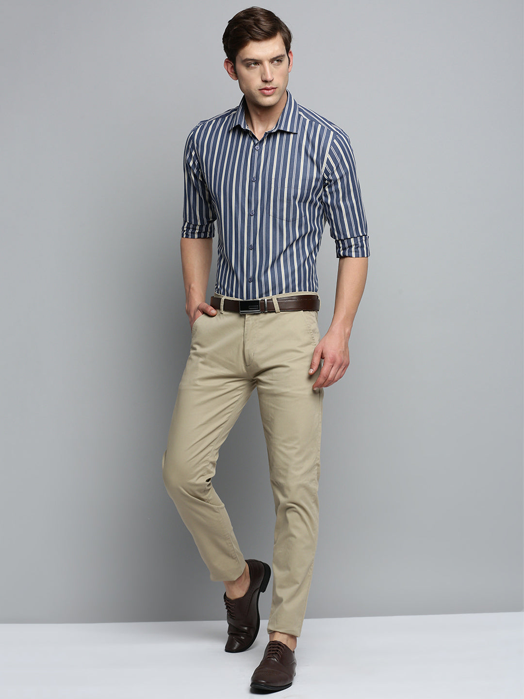 Men Spread Collar Striped Navy Blue Shirt