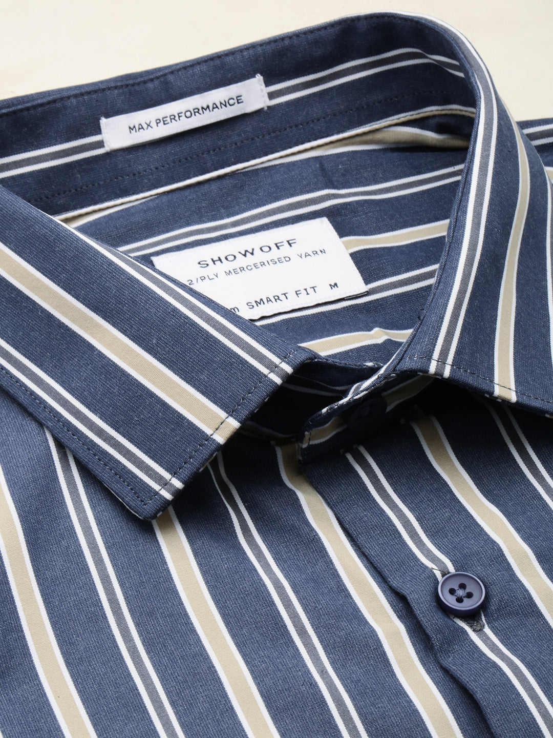 Men Spread Collar Striped Navy Blue Shirt