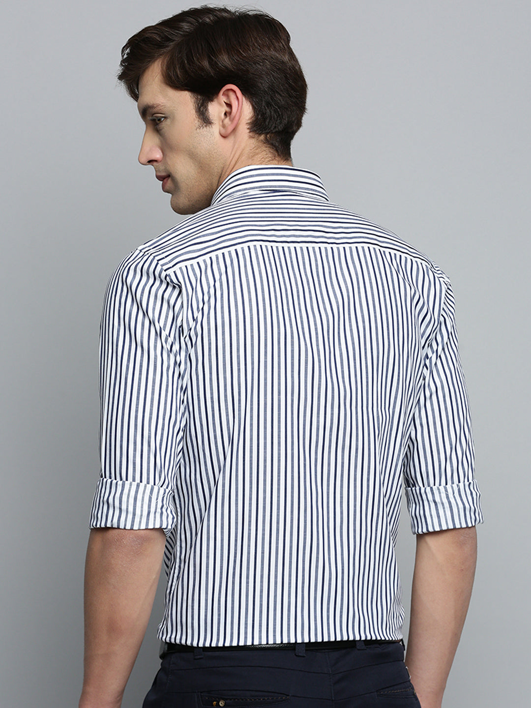 Men Spread Collar Striped White Shirt