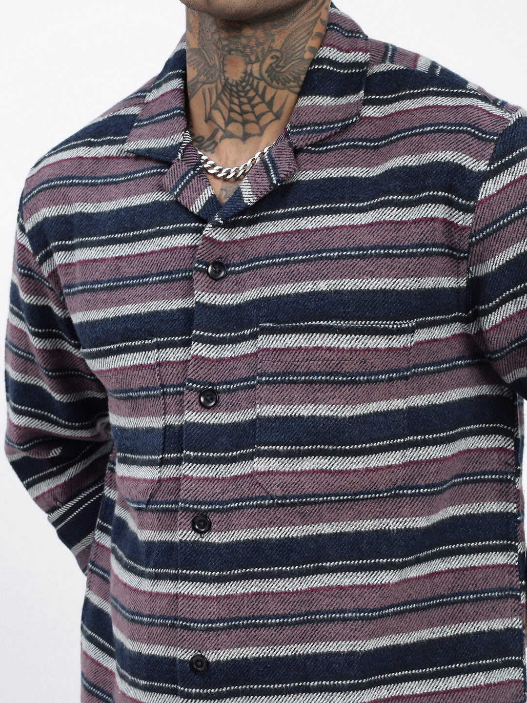 Men Striped Navy Blue Shacket