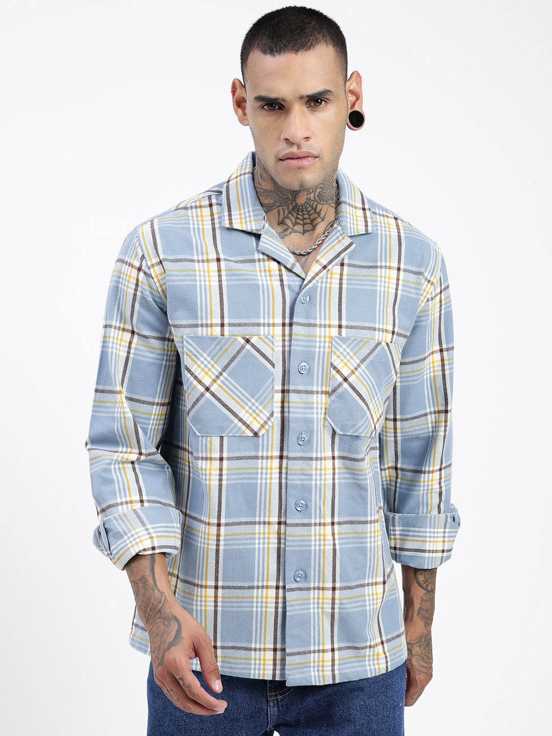 Men Checked Blue Shacket