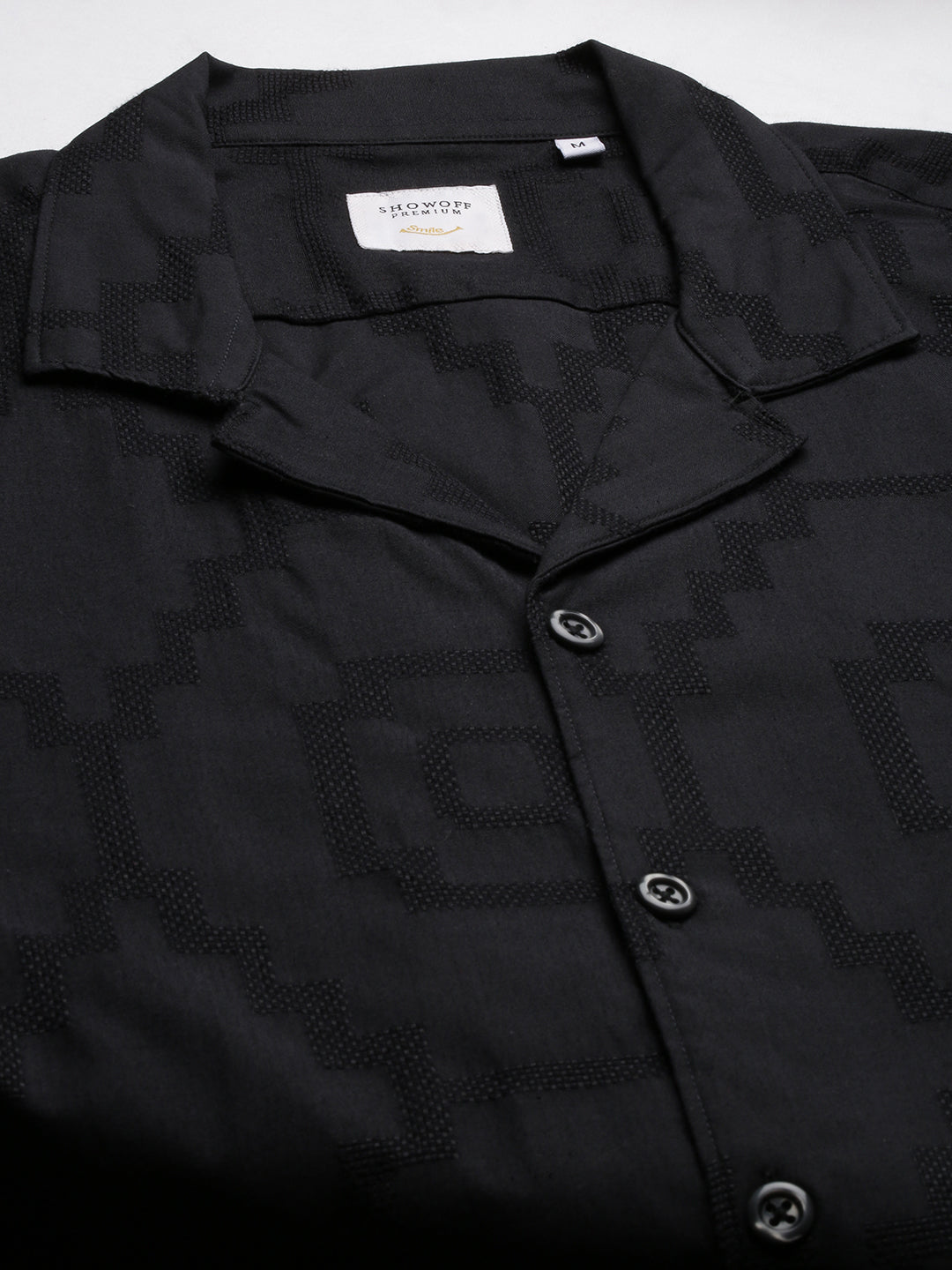 Men Cuban Collar Solid Black Shirt