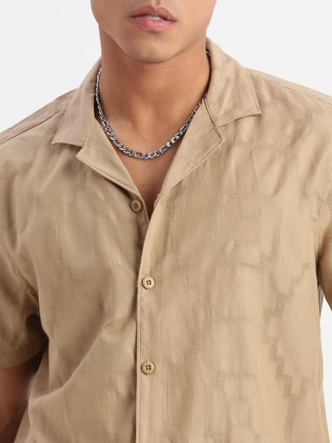 Men Cuban Collar Solid Khaki Shirt