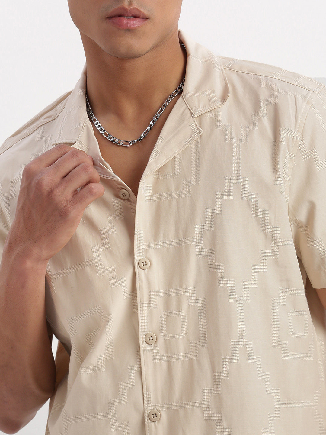 Men Cuban Collar Solid Beige Shirt