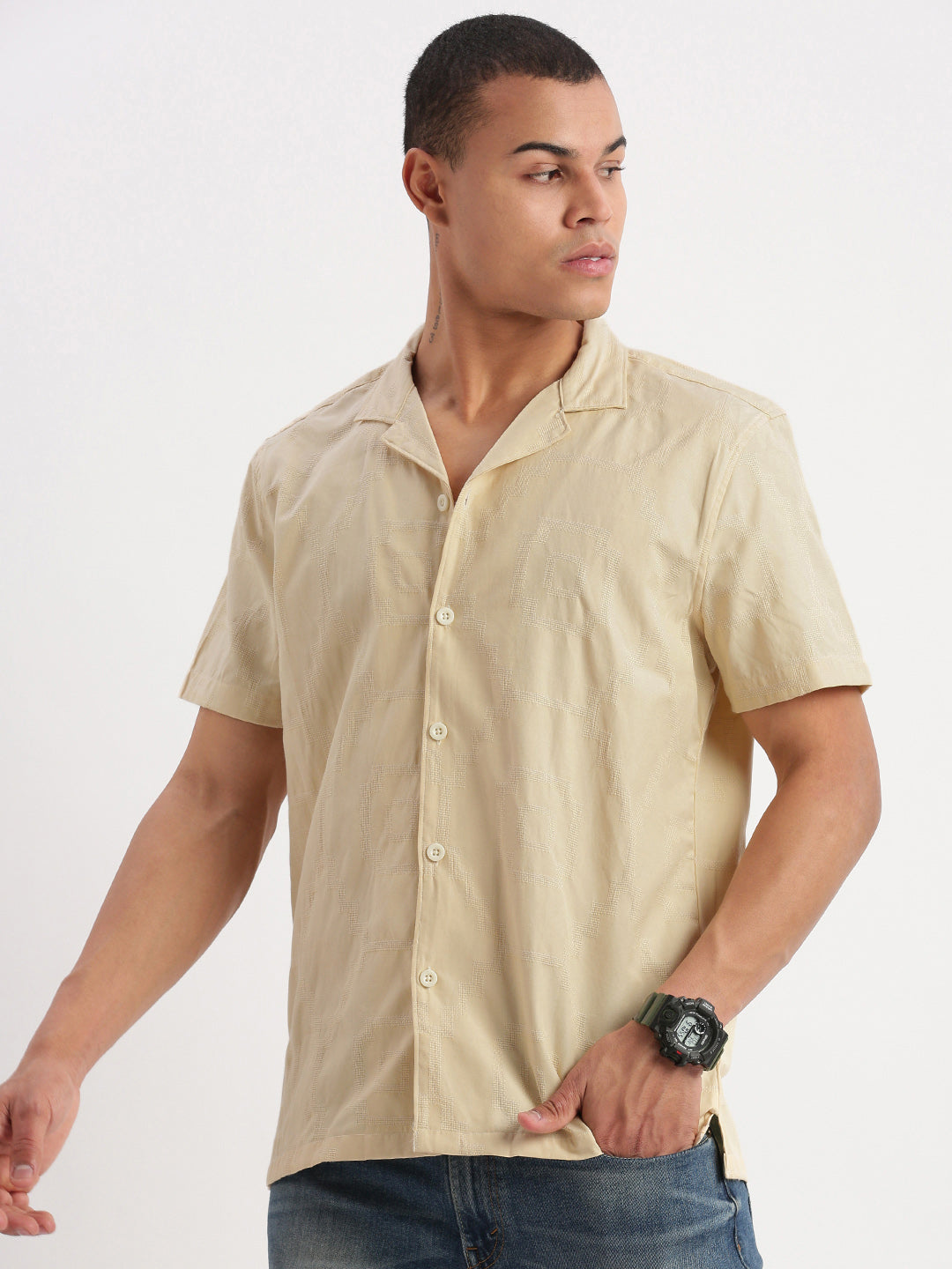 Men Cuban Collar Solid Yellow Shirt