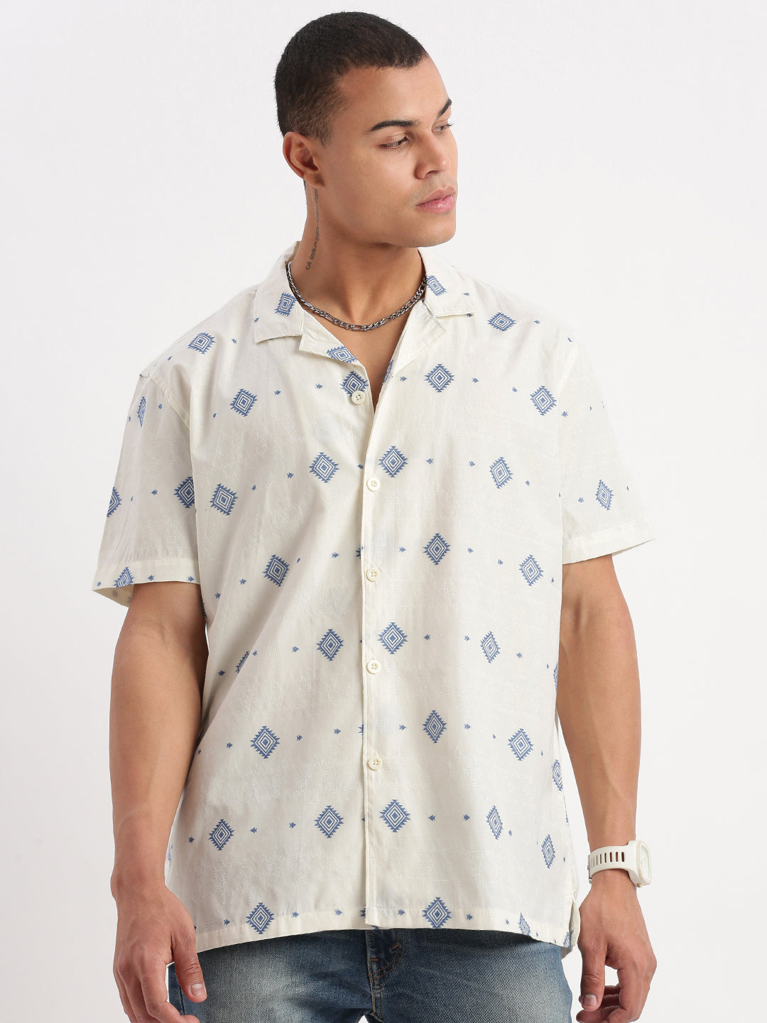 Men Cuban Collar Geometric Cream Shirt