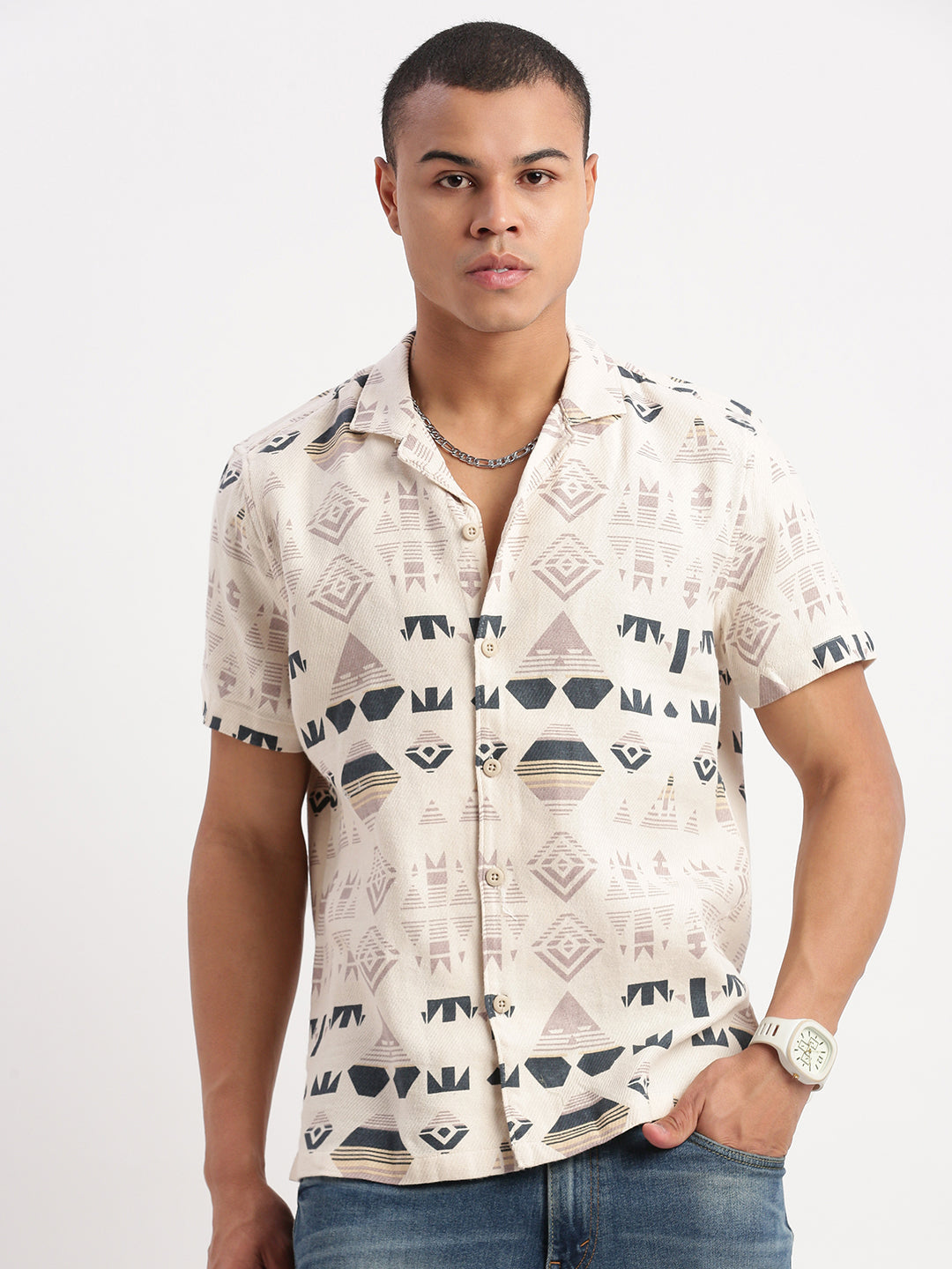 Men Cuban Collar Geometric Cream Shirt