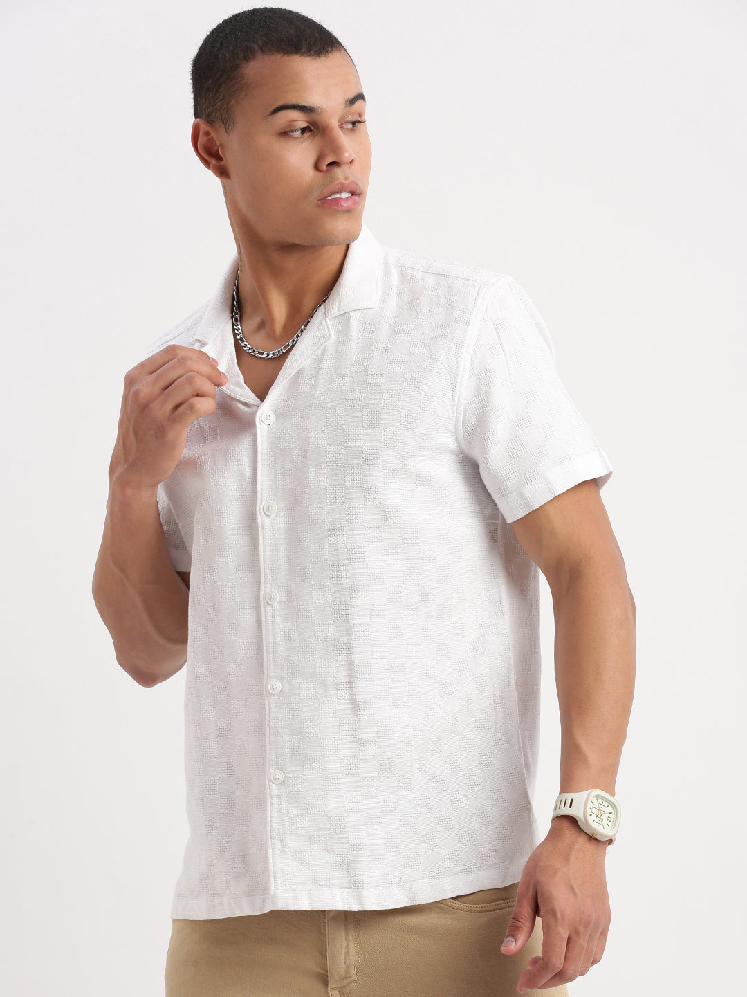 Men Cuban Collar Solid White Shirt