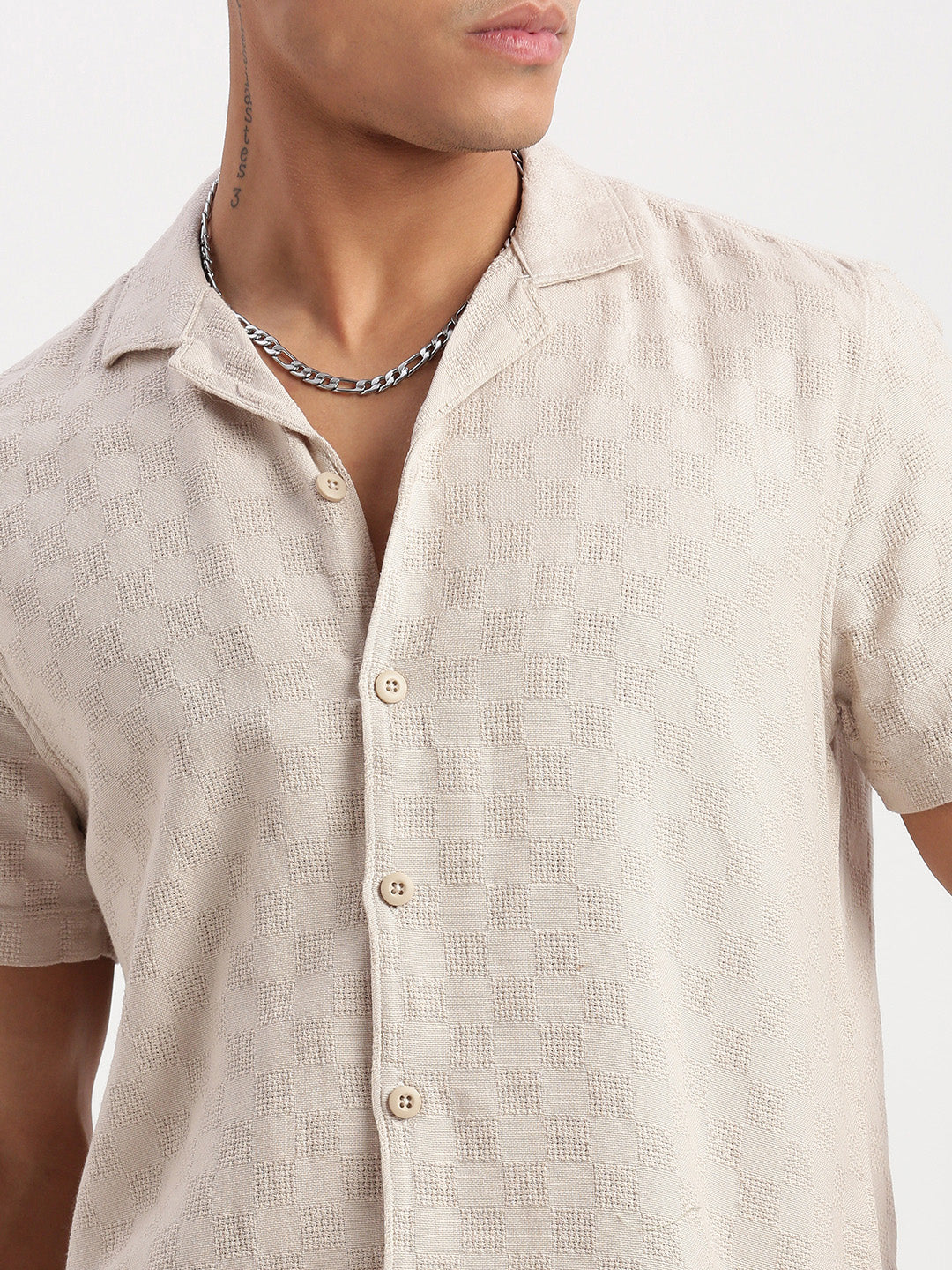 Men Cuban Collar Solid Beige Shirt