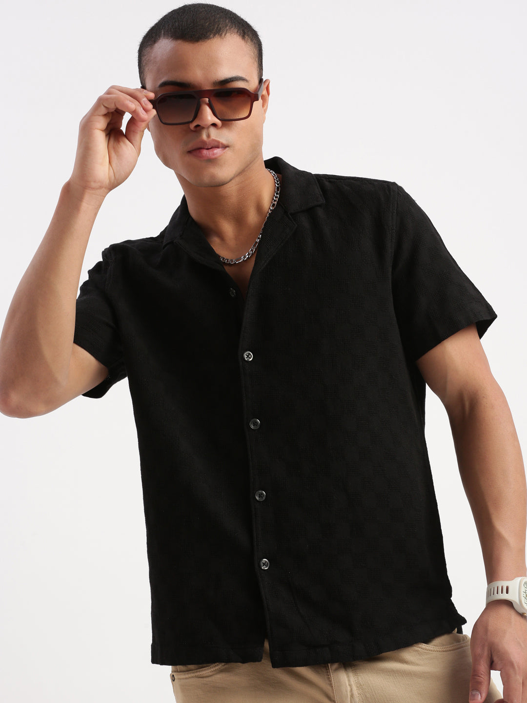 Men Cuban Collar Solid Black Shirt