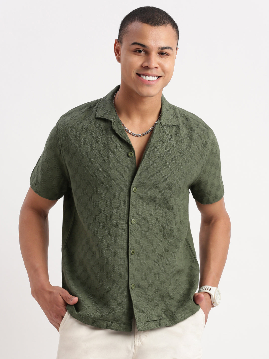 Men Cuban Collar Solid Green Shirt