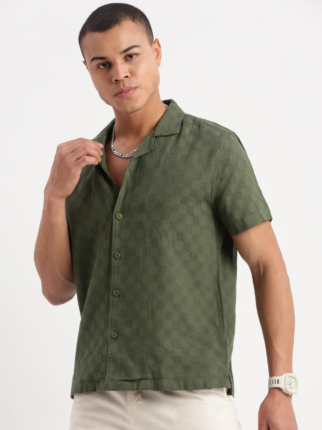 Men Cuban Collar Solid Green Shirt
