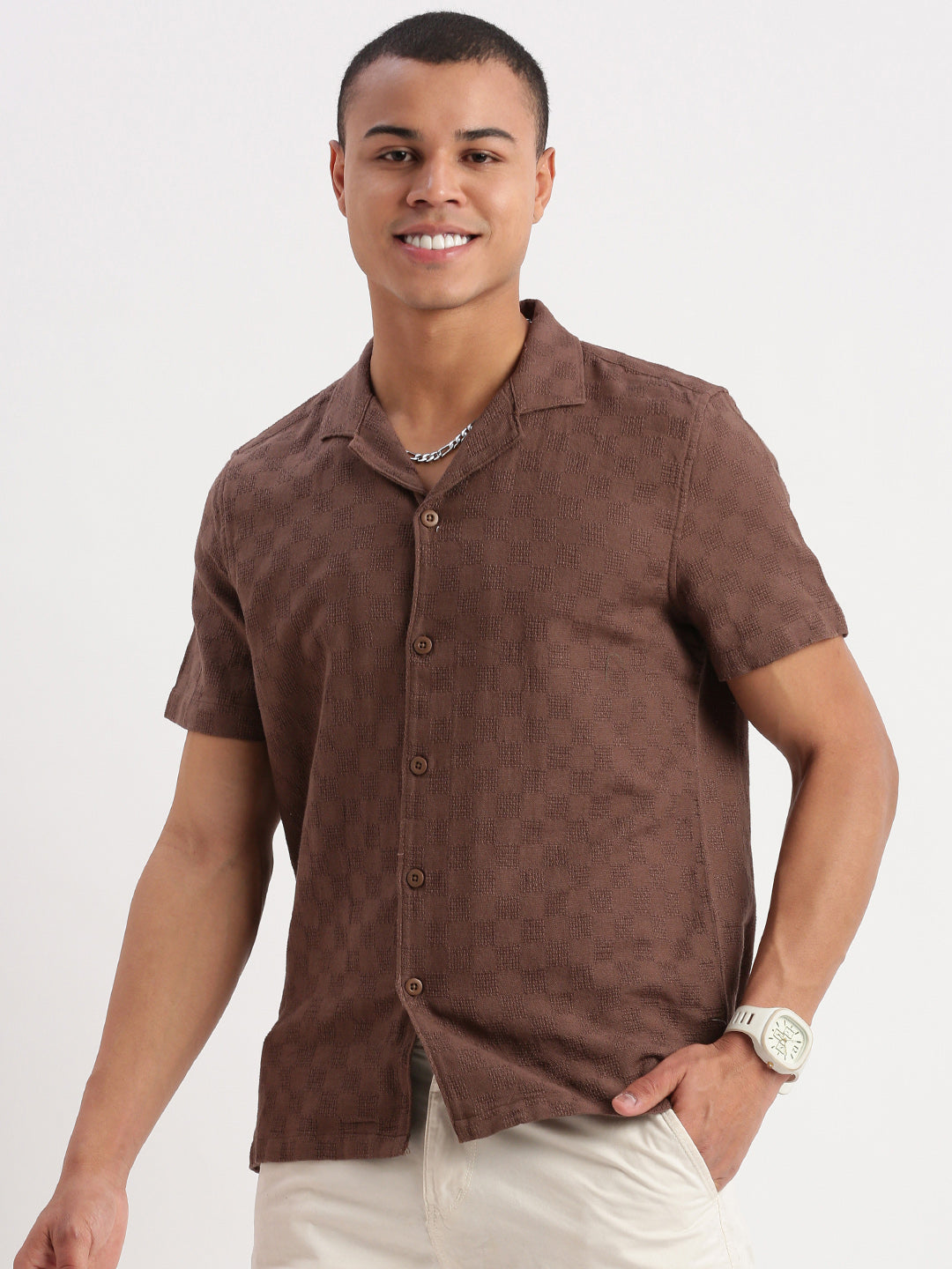 Men Cuban Collar Solid Brown Shirt