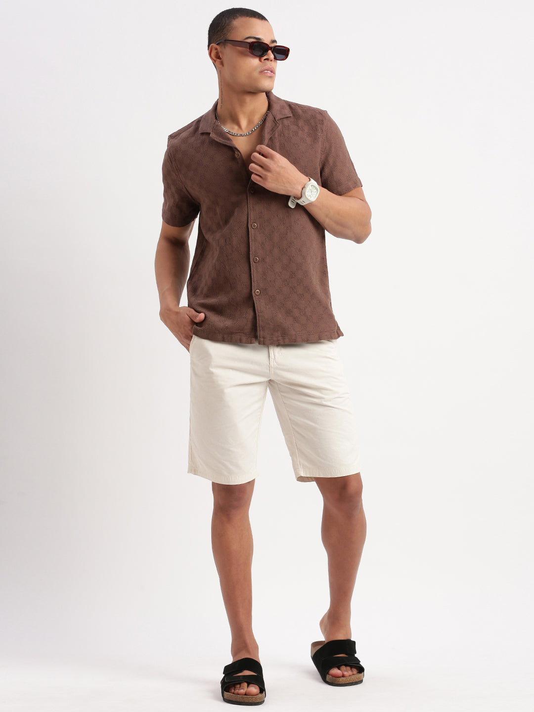 Men Cuban Collar Solid Brown Shirt
