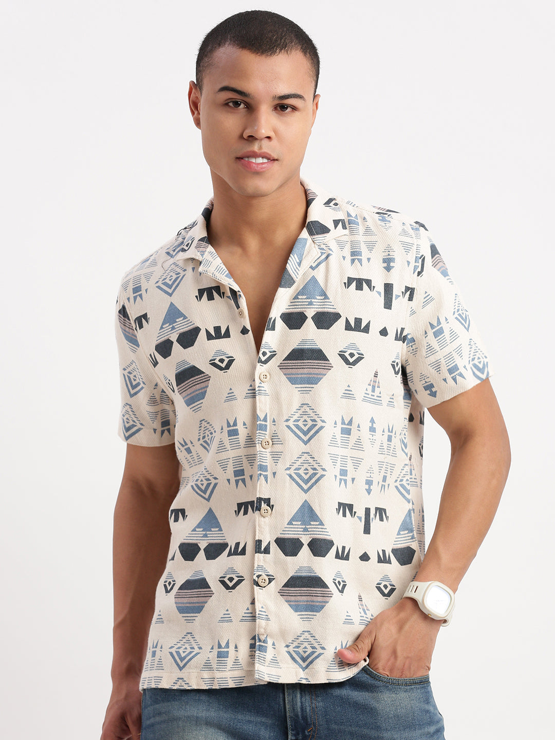Men Cuban Collar Geometric Cream Shirt