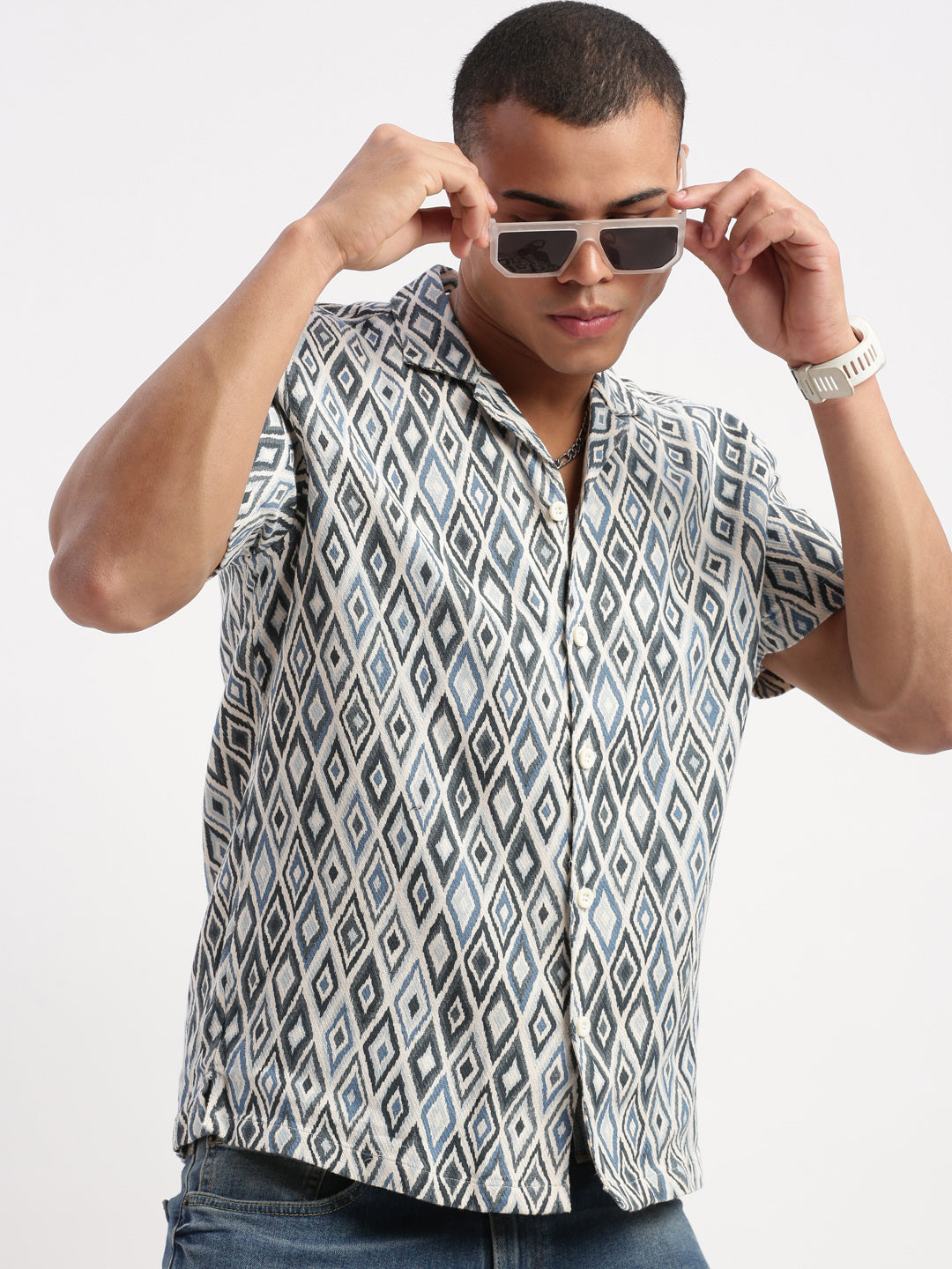Men Cuban Collar Geometric Teal Shirt