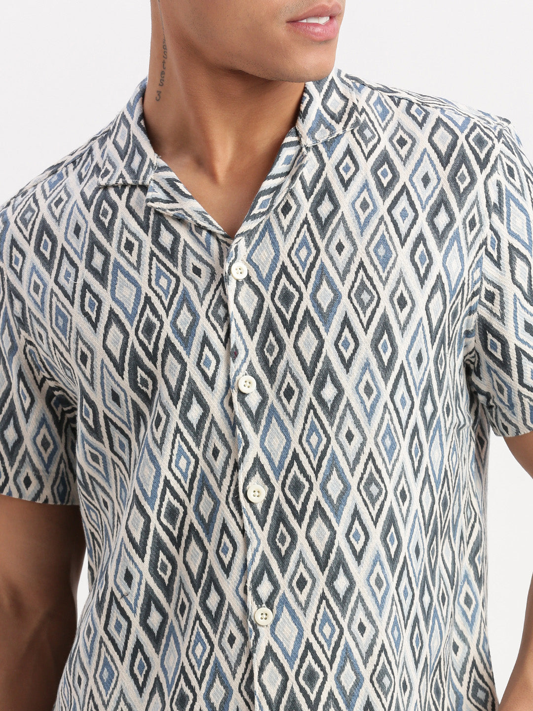 Men Cuban Collar Geometric Teal Shirt