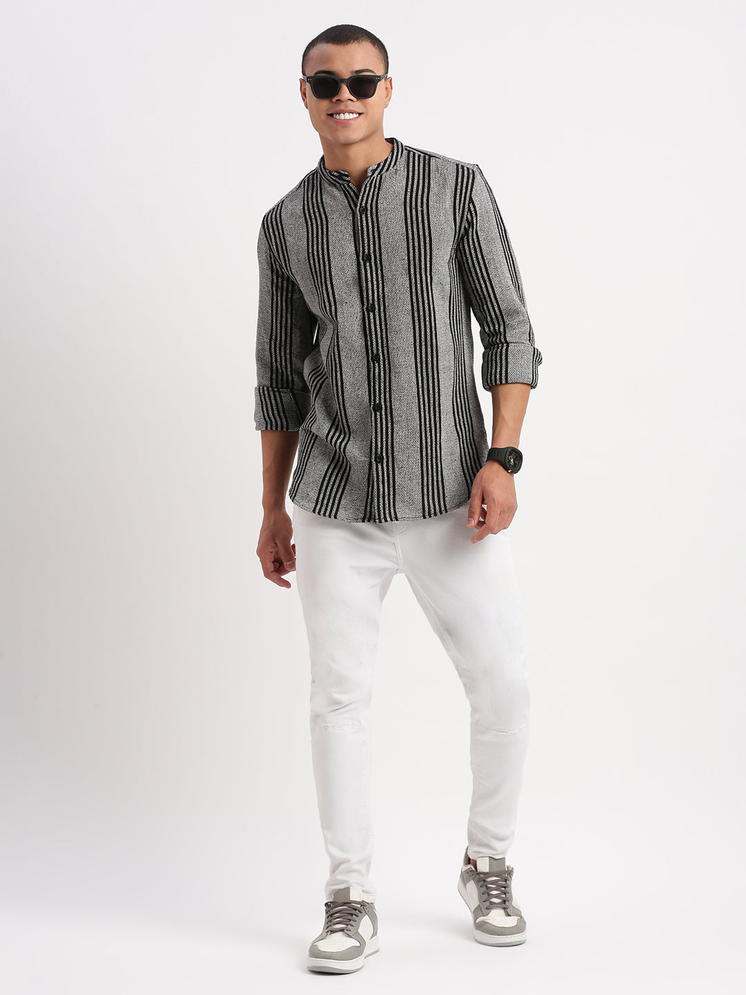 Men Mandarin Collar Vertical Stripes Grey Shirt