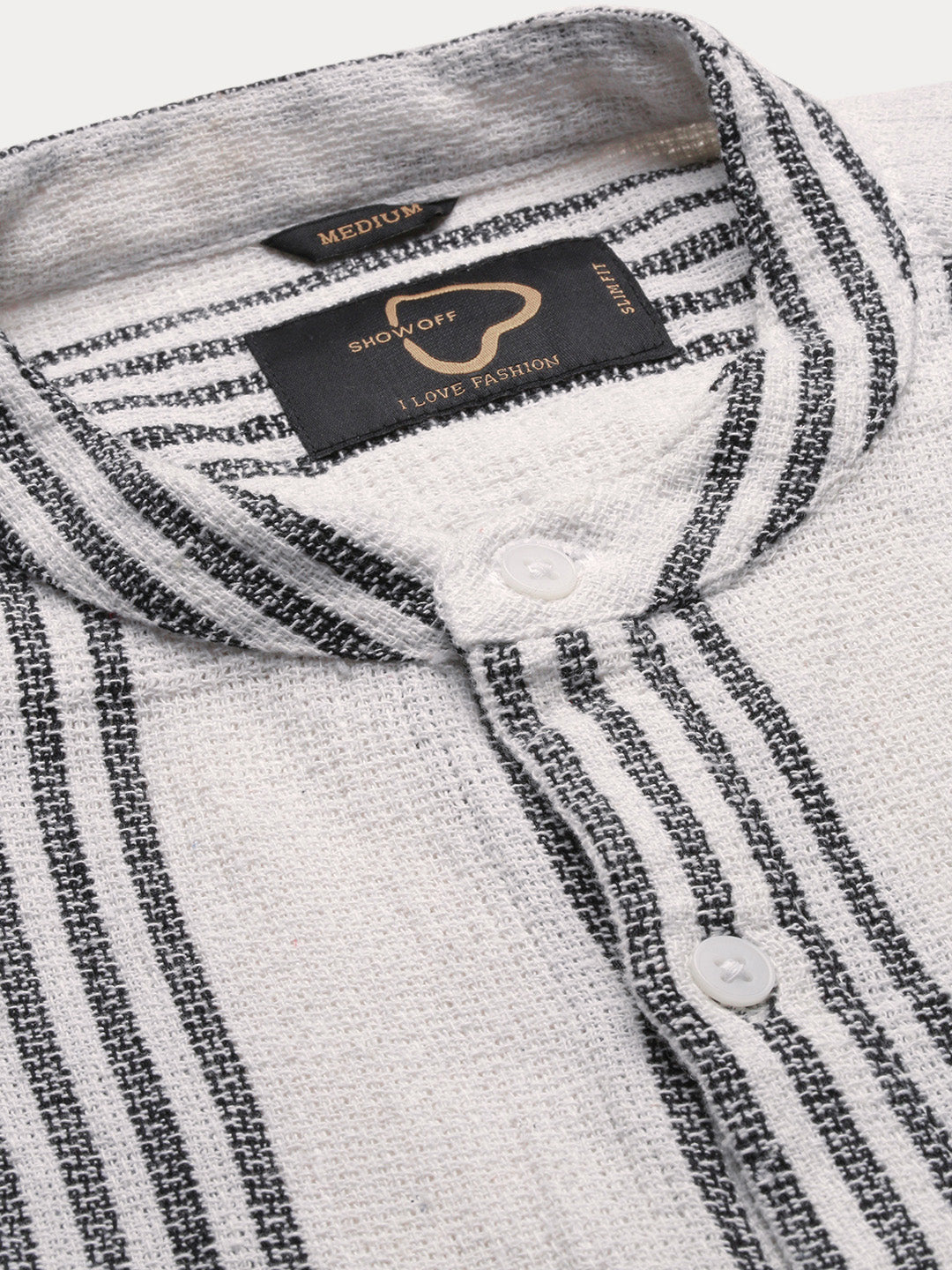Men Mandarin Collar Vertical Stripes White Shirt