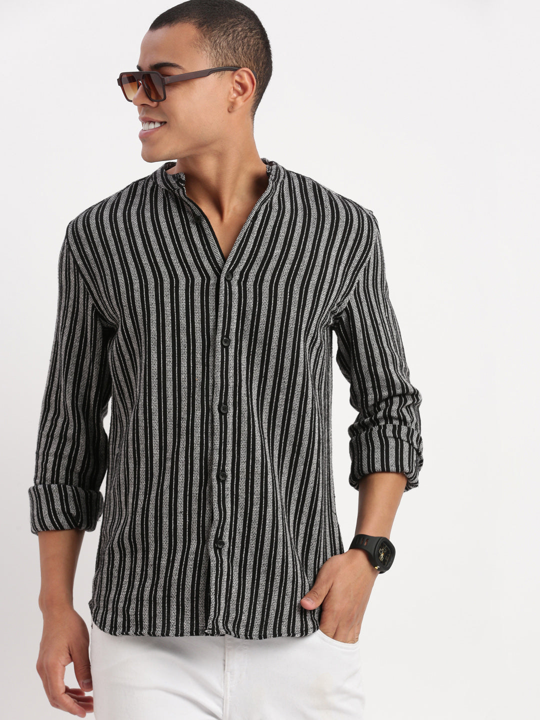 Men Mandarin Collar Vertical Stripes Black Shirt