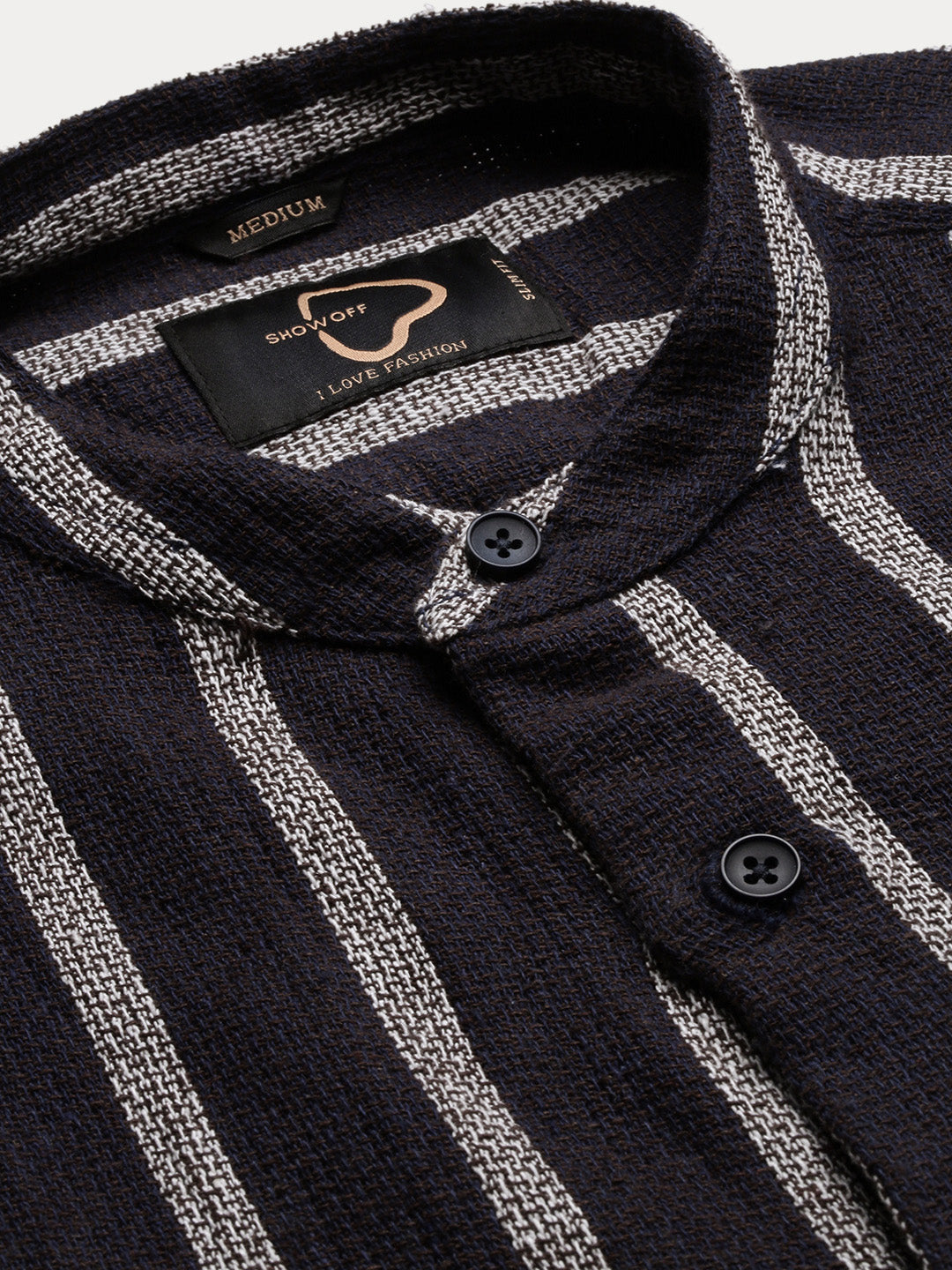 Men Mandarin Collar Vertical Stripes Navy Blue Shirt