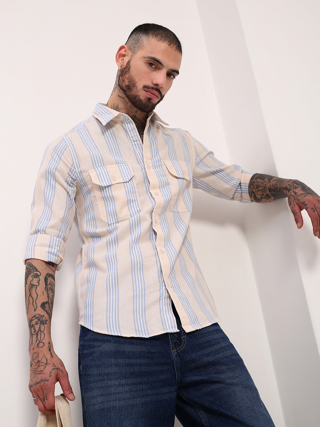 Men Cream Striped Slim Fit Shirt