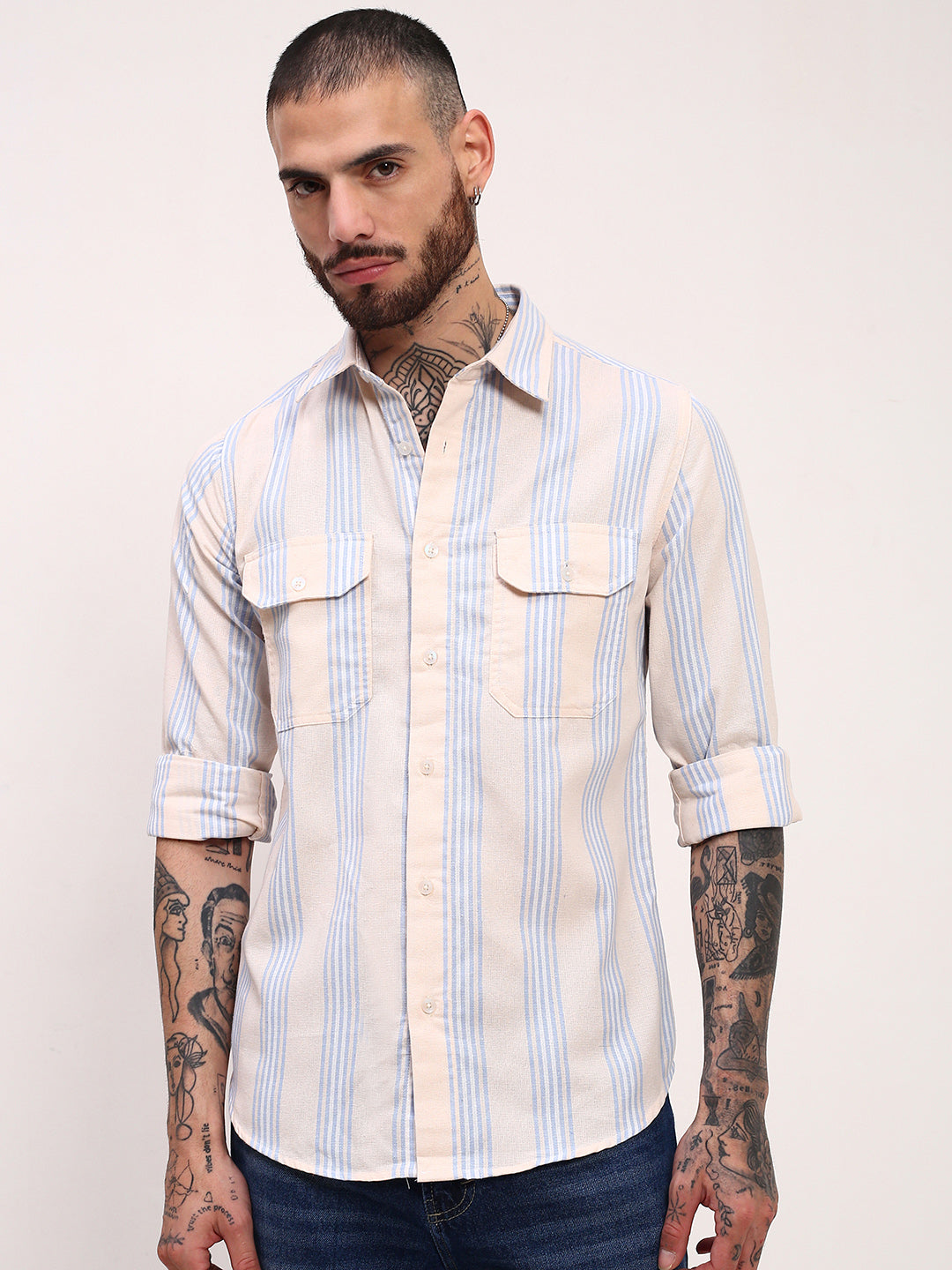 Men Cream Striped Slim Fit Shirt