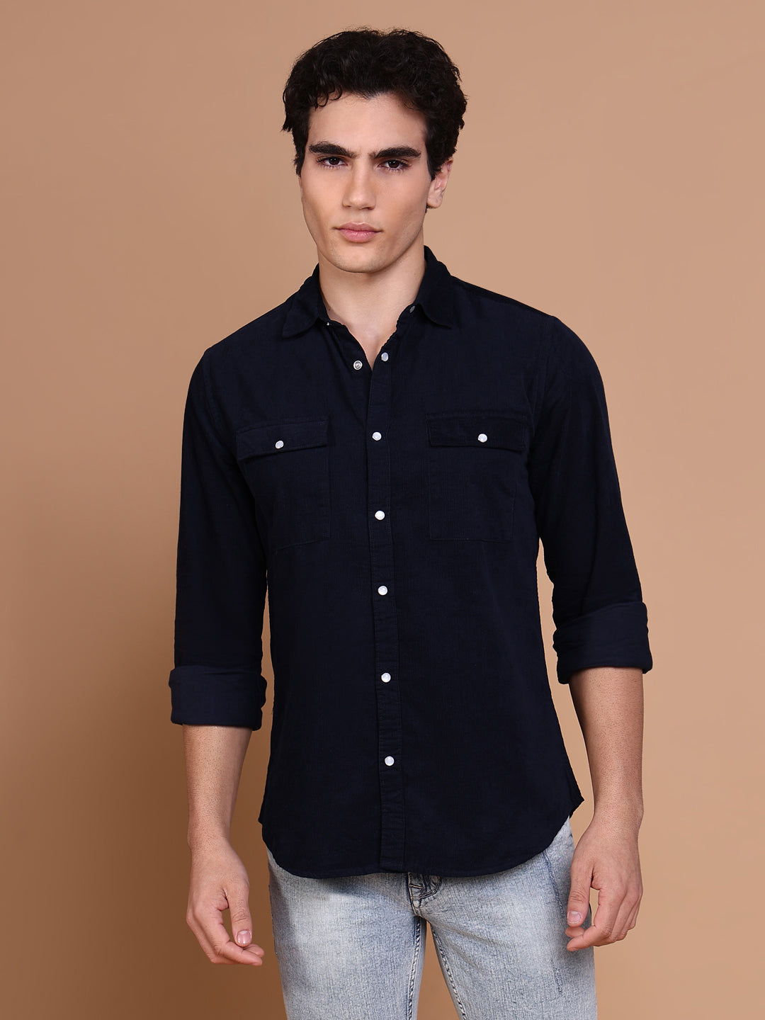 Men Navy Blue Solid Shirt