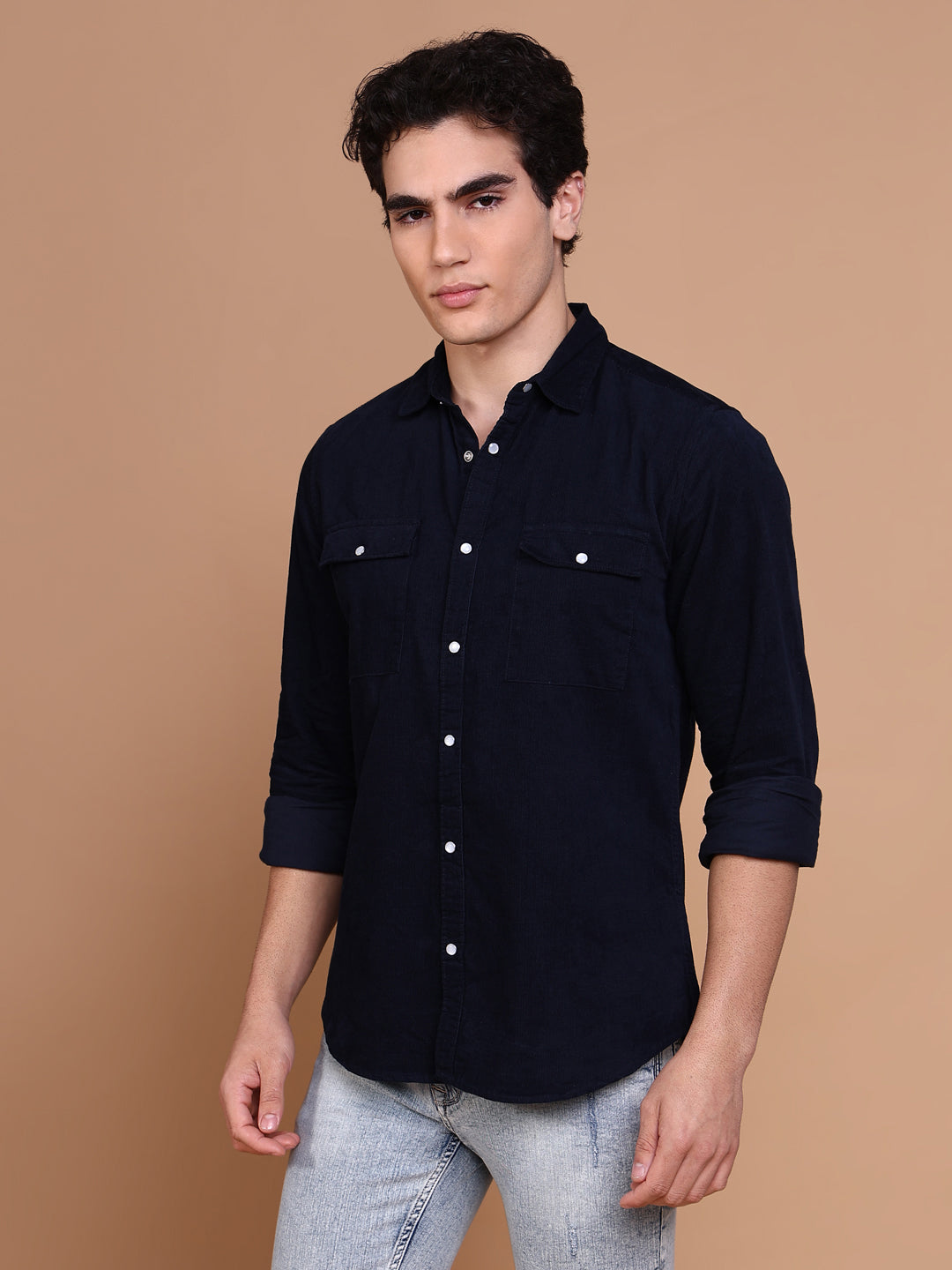 Men Navy Blue Solid Shirt