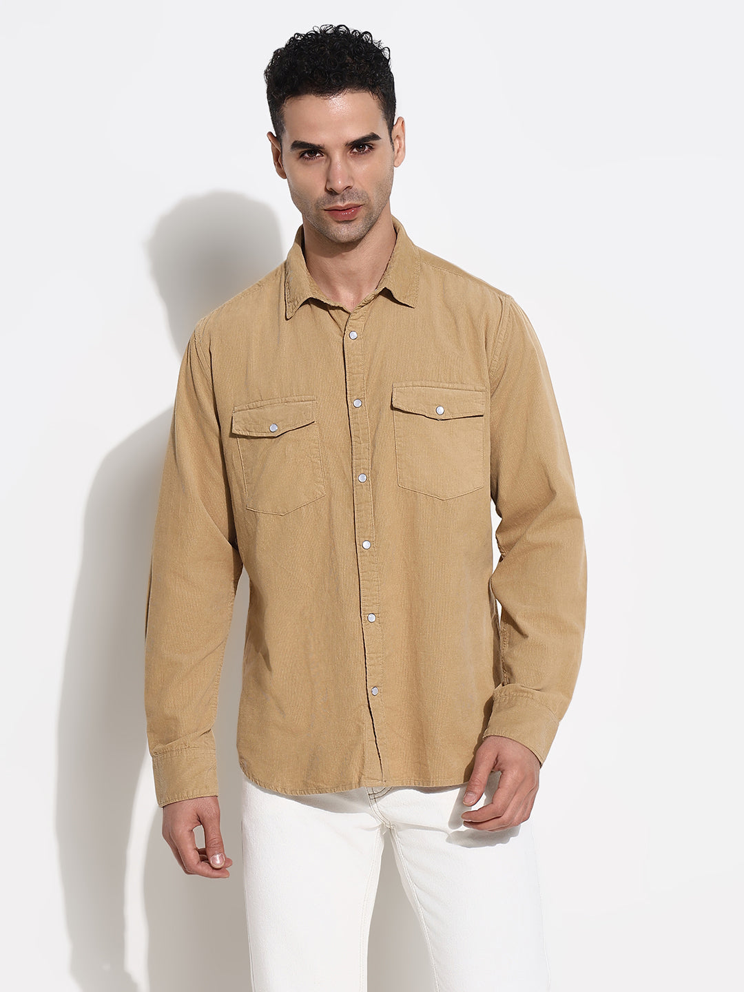 Men Khaki Solid Slim Fit Shirt