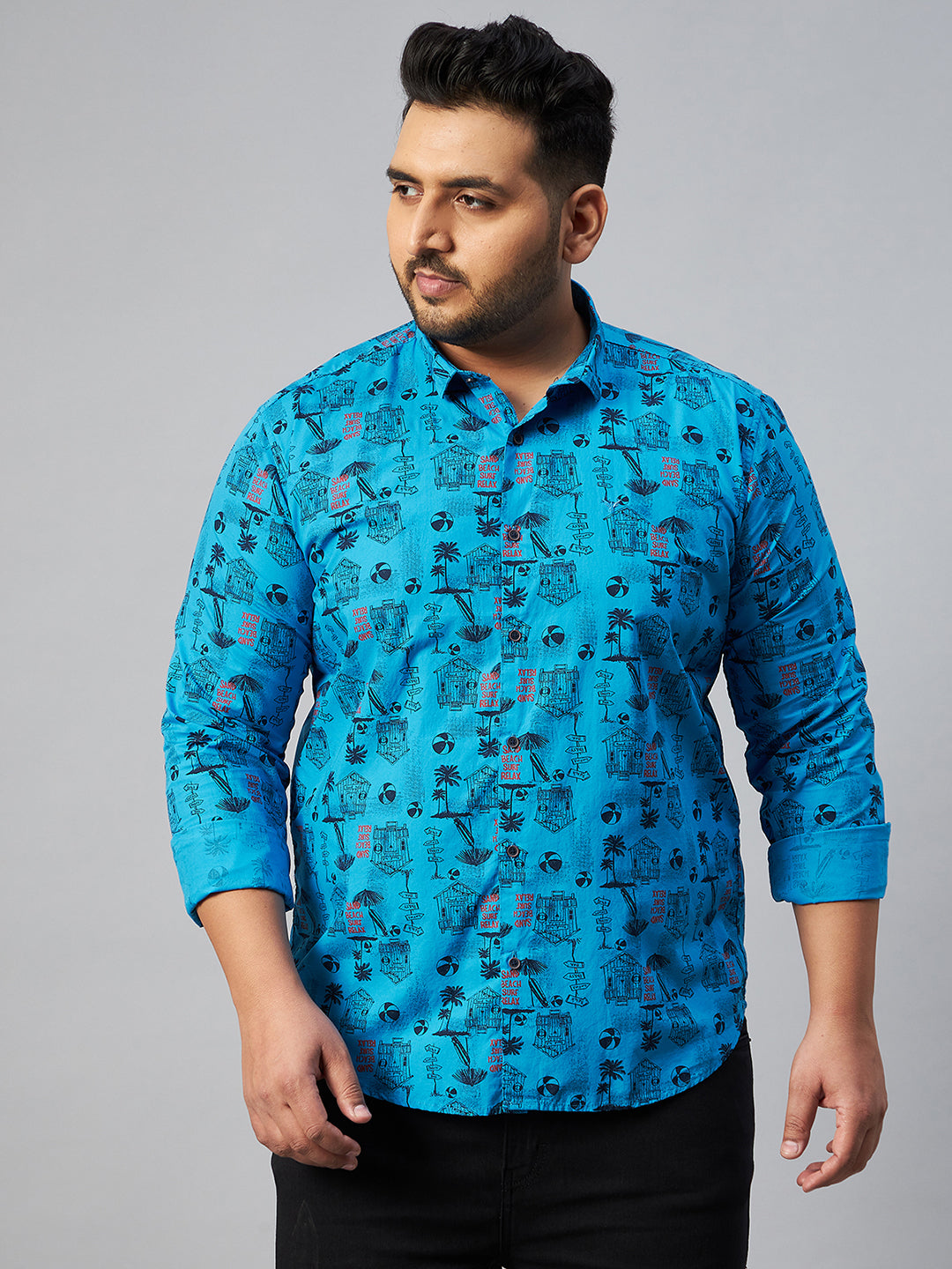 Men Spread Collar Graphic Blue Shirt