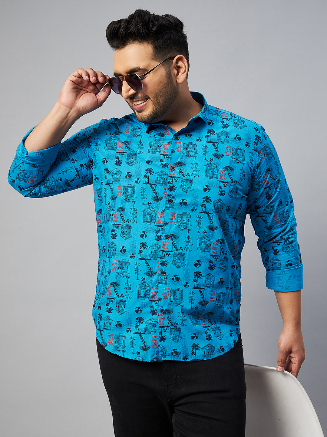 Men Spread Collar Graphic Blue Shirt